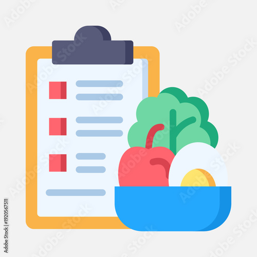 A vibrant illustration depicting a healthy meal plan with a checklist and a bowl of nutritious food.
