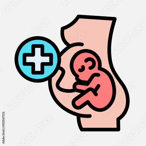 Illustration of a pregnant woman with a fetus and a medical cross symbol, representing maternal health and prenatal care.