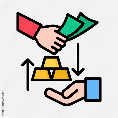 Iconic illustration of a financial transaction involving the exchange of money for gold bars, symbolizing investment and trade.