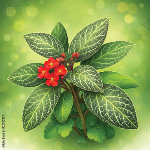 Stylized Botanical Vector Illustration of a Flowering Plant with Textured Green Veined Leaves and Small Vibrant Red Blooms on a Soft Bokeh Green Background, Decorative Floral Graphic for Design.