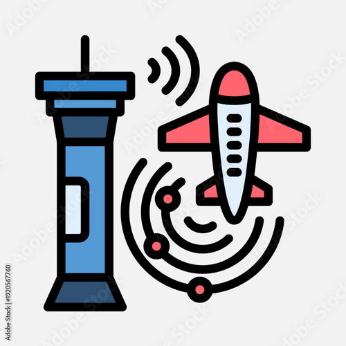 Air traffic control tower communicating with an airplane in flight, depicting aviation technology and navigation.