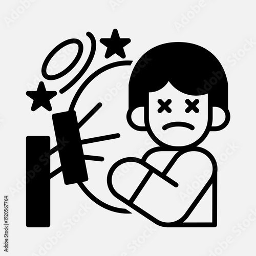 Black and white icon of a dizzy person with X eyes next to a loud ringing alarm clock.