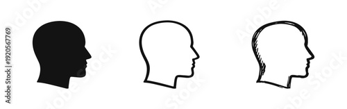 Set of 3 Human Head Profile Icons in Solid, Outline, and Hand-Drawn Styles