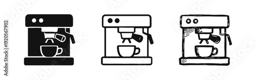 Espresso Machine with Coffee Cup Icon Set in Solid, Outline, and Hand-Drawn Styles