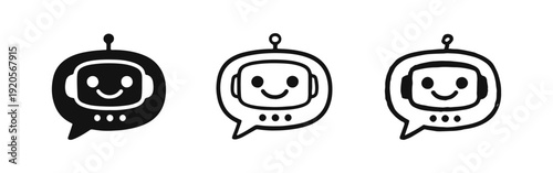 Happy Chatbot or AI Assistant Icon Set in Speech Bubble, Outline, and Hand-Drawn Styles