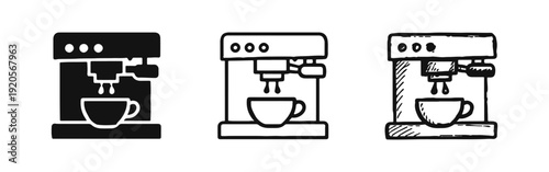 Set of 3 Espresso Coffee Machine Icons with Pouring Coffee and Cup