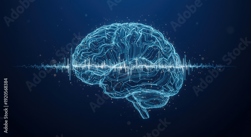 Glowing blue brain with sound wave on dark background  neuroscience concept