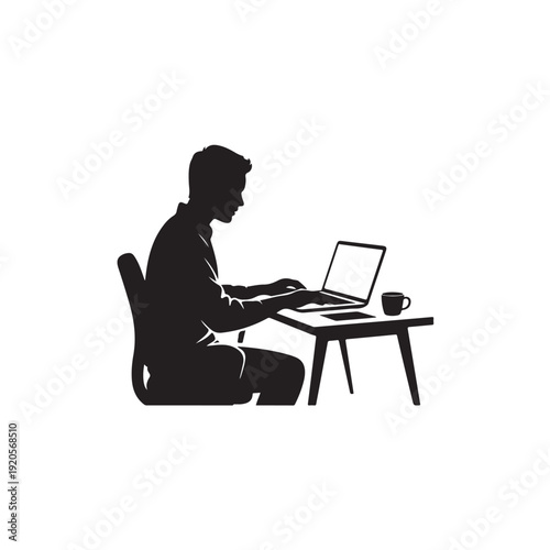 Person sitting at table using laptop with coffee