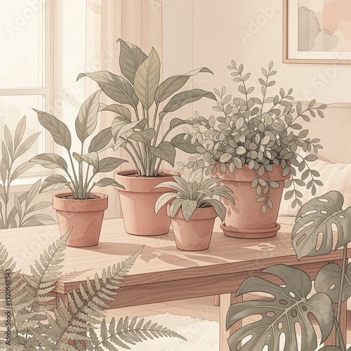 Soft pastel or earth tone colors complement the botanical theme