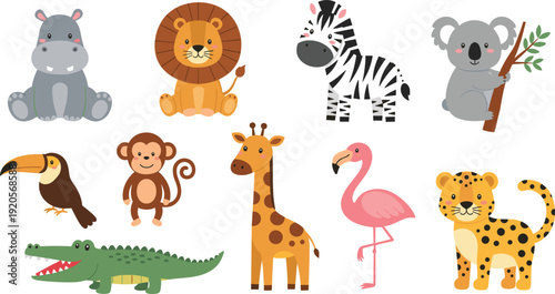 Cute Safari Animals Cartoon Set with Lion Zebra Giraffe Crocodile and Jungle Wildlife Vector Illustration