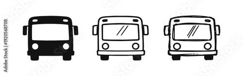 Bus Icon Set - Front View Public Transportation Symbols in Vector and Hand-Drawn Styles.