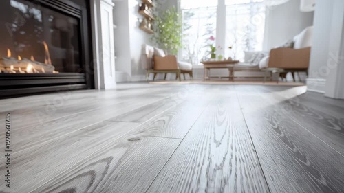 Wood floor. Light wooden flooring closeup. Shiny new hardwood floor. House renovation, changing floor to parquet. Beautiful gray handscraped oiled brushed texture grain. Empty living room, fireplace