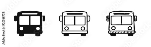 Bus Front View Icon Set - Public Transportation Vector Symbols in Various Styles.
