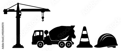 Construction Site Equipment and Safety Gear Silhouette Icons