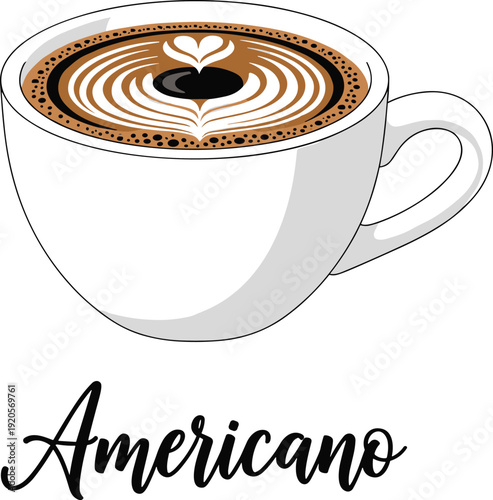 Americano Coffee Cup with Latte Art Illustration and Handwritten Typography, Minimal Cafe Beverage Design for Menu, Branding, and Coffee Shop Identity