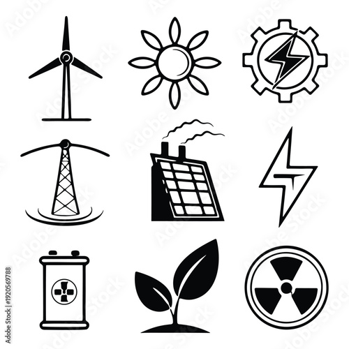 Black and white energy source set including wind solar fossil bio and nuclear energy wind turbine solar panel