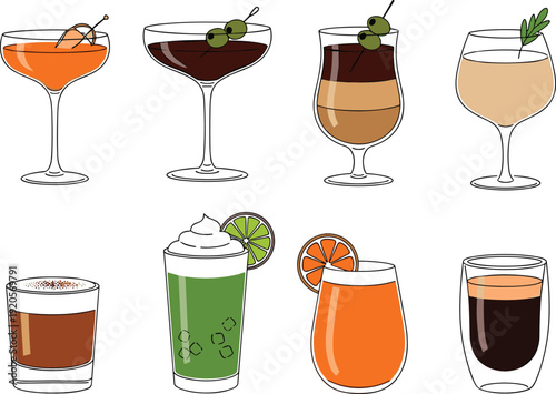 Assorted Alcoholic and Non Alcoholic Drinks Collection with Cocktail, Juice, and Coffee Glasses Illustration for Bar Menu, Cafe Design, and Beverage Concepts