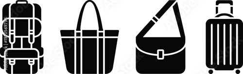 Bag icons illustration, backpack design, tote bag art, messenger bag symbol, suitcase outline, travel gear, minimal style, organized equipment, modern luggage