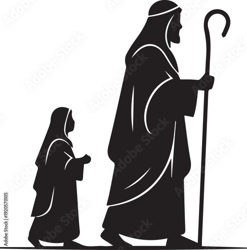 Ancient shepherd and child vector silhouette illustration walking with staff in line art