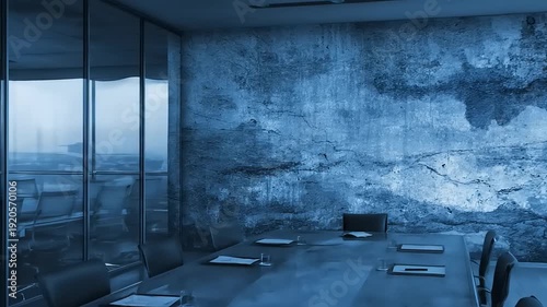 Modern Office Boardroom with Abstract Blue Wall Art and City View.