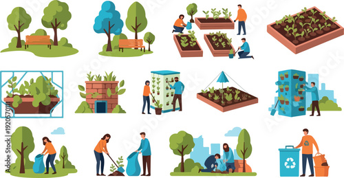 Eco-friendly community gardening and recycling vector illustration with flat design elements