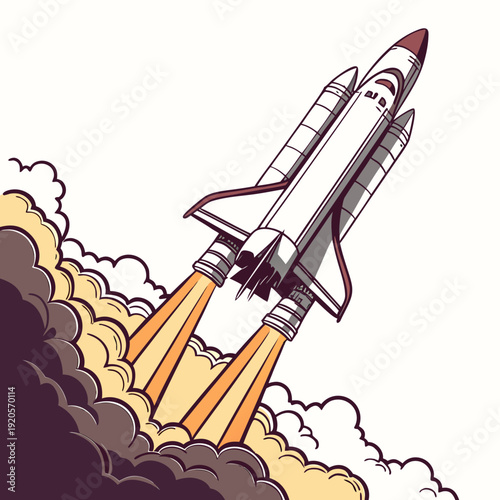 White space shuttle launching with orange flames and smoke