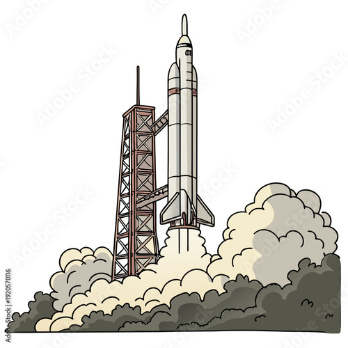 Billede på lærred Rocket launching from tower with smoke and clouds