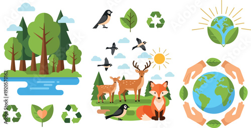Eco-friendly forest with recycling symbols and heart leaf, vibrant flat design vector illustration