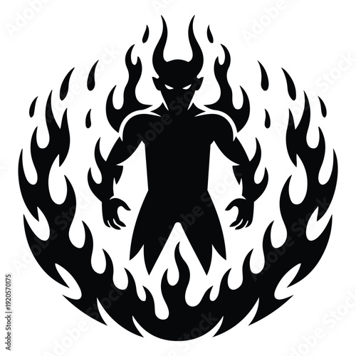 Silhouette of a devil demon surrounded by flames, dark fantasy, evil concept.