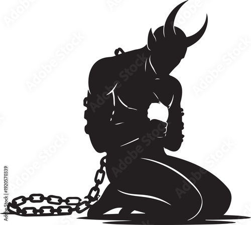 Chained demon kneeling, holding a heart, dark fantasy, suffering concept.