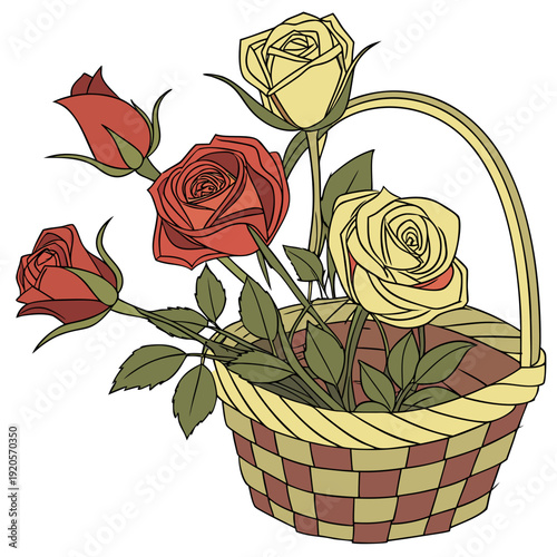 Red and yellow roses in woven basket flowers red roses