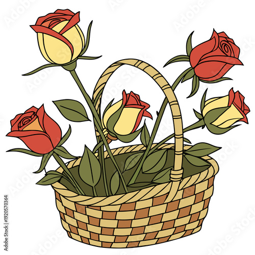 Woven basket with red and yellow roses red roses