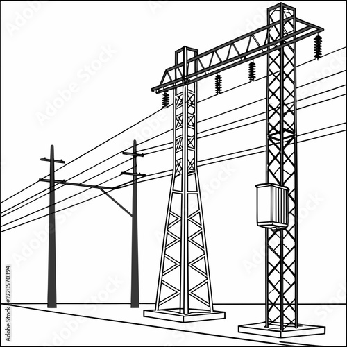 Black and white of power distribution towers and lines