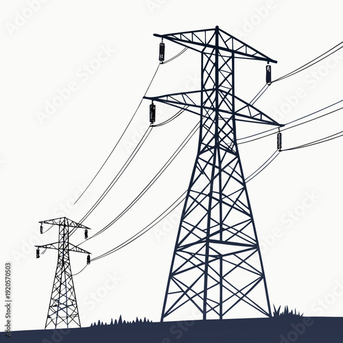Electric power transmission towers with wires on white background