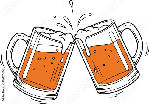 Hand Drawn Clinking Beer Mugs Illustration with Splash and Foam, Oktoberfest Celebration Concept for Bar, Pub, Festival, and Party Design
