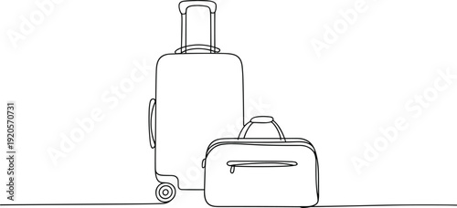 Minimalist luggage illustration, suitcase design, duffel bag art, travel gear, packing essentials, trip preparation, clean style, modern travel, organized equipment
