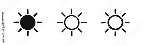 Sun icon set. Bright sunny weather doodle symbol. Solid, outline, and hand-drawn versions, perfect for summer and warmth concepts.