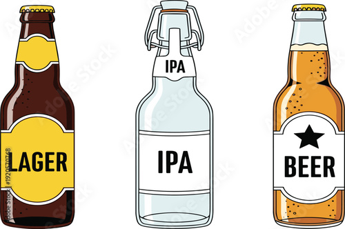 Set of Craft Beer Bottles with Labels Lager IPA and Beer, Vintage Brewery Packaging Illustration for Bar Menu, Branding, and Beverage Design