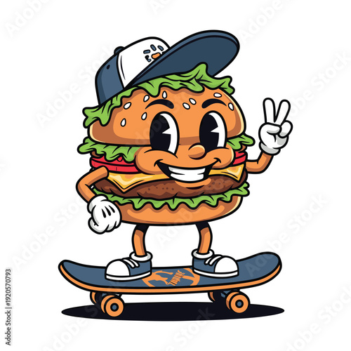 Cool hamburger cartoon character wearing a cap and skateboarding, showing peace sign