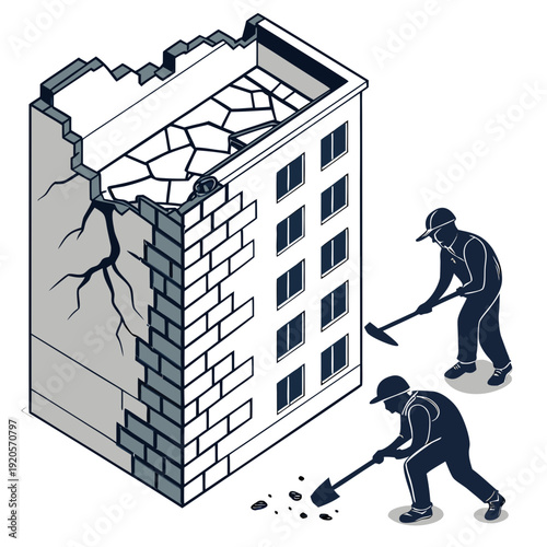 Isometric of two workers demolishing damaged building