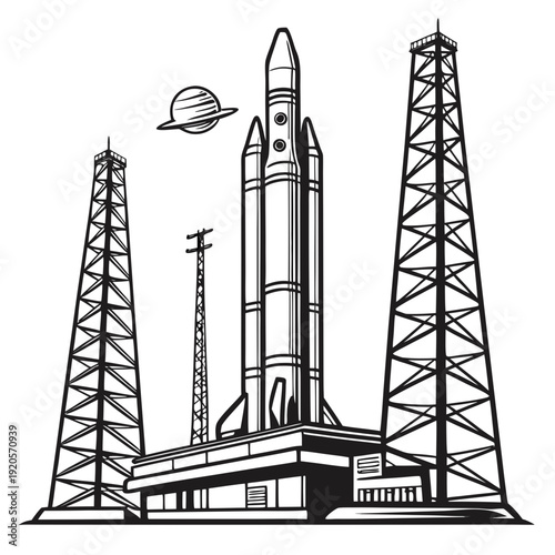Black and white of rocket on launchpad with towers and planet