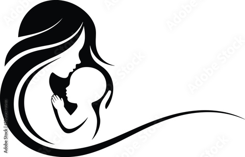 Mother and child illustration, maternal love, family bond, parenting care, motherhood silhouette, emotional connection, protective embrace, minimal design, elegant art