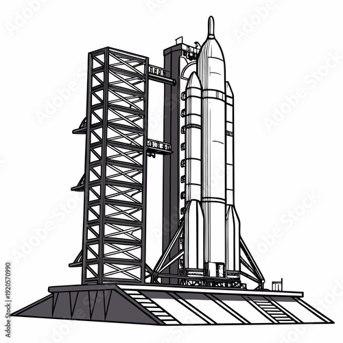 Black and white of a space rocket on launchpad rocket ship