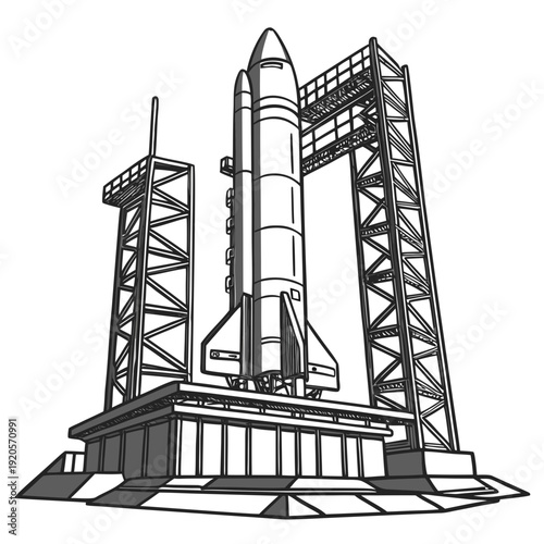 Grayscale of space rocket on launchpad with service towers