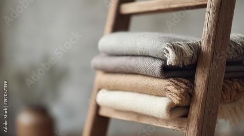 Stack of folded blankets on a wooden ladder. the blankets are neatly folded and stacked on top of each other. the colors of the blankets are beige, grey, and beige.