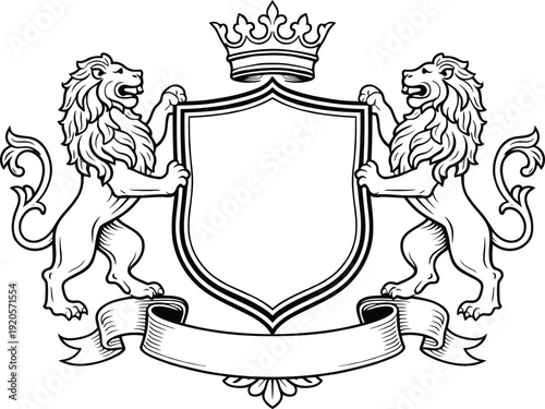 Heraldic coat of arms with two lions and a royal crown on a blank shield, a vintage-style decorative emblem with space for text.