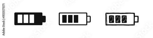Battery charge indicator icon set with three bars, in solid, outline, and hand-drawn styles.