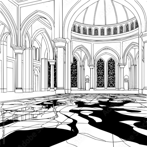 Islamic mosque interior with flooded floor flood water arches columns domed ceiling