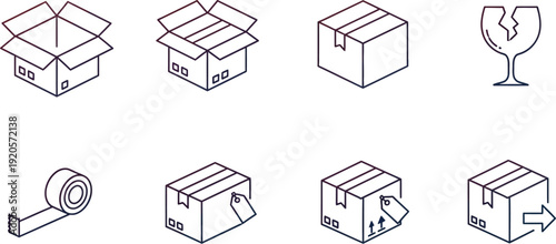Isometric line icons display various packaging components including open boxes, sealed cartons, tape, and a fragile warning symbol.