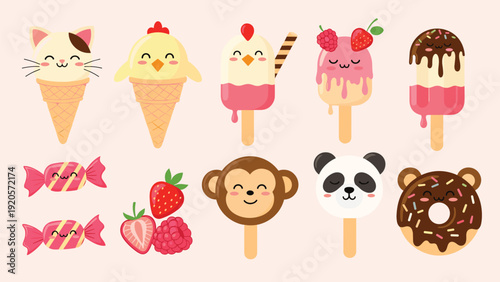 Assorted collection of cute animal themed sweets including cat and chick ice cream cones popsicles candies and a bear shaped chocolate donut.